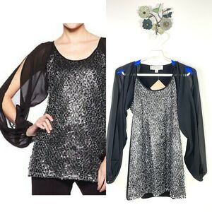 American Glamour Badgley Mischka Women Small Sequin Split Sleeve Blouse Black